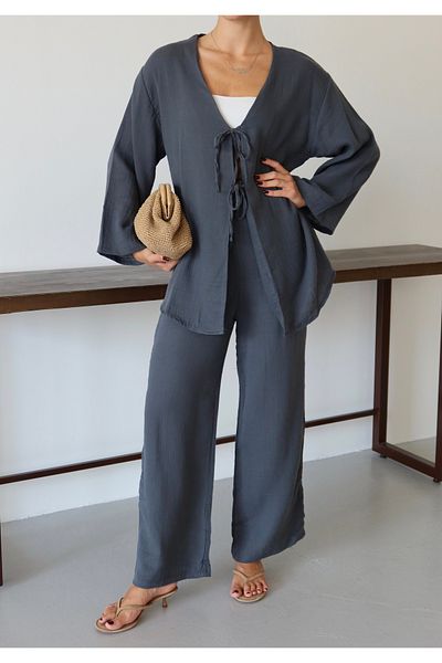 Patreon Women's 100% Cotton Muslin Lace-Up Anthracite Kimono
