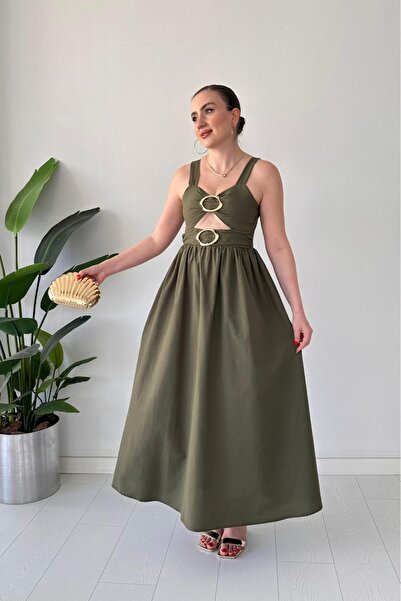 MaziButik Double Buckle Low-Cut Dress Khaki