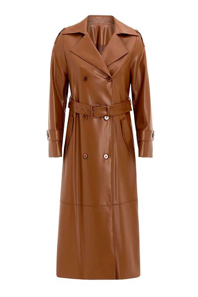 Olcay Epaulet Detailed Double Breasted Leather Trench Coat Taba 6756