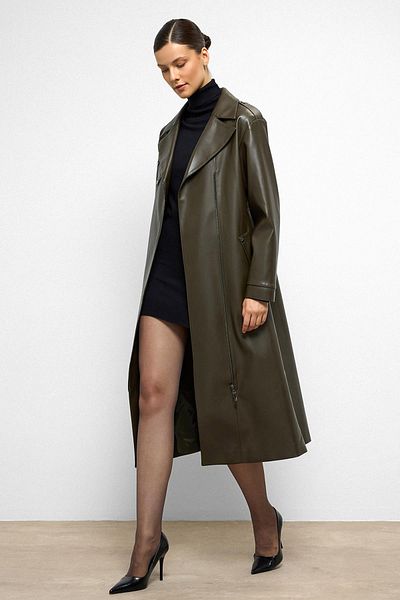 Olcay Low Sleeve Zipper Closure Oversize Leather Trench Coat Khaki 6759