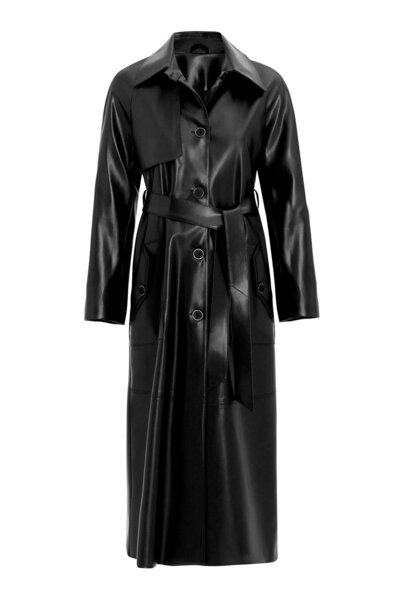 Olcay Shirt Collar Raglan Sleeve Cape and Bag Pocket Detail Leather Trench Coat Black 6760