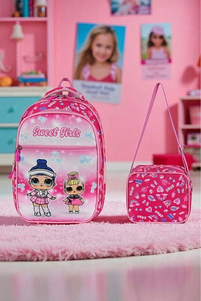 Shopiolog Primary School Orthopedic Waterproof Water Bottle 3 Compartments Nutritional 2-Piece Primary School Girl Backpack