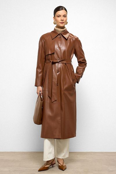 Olcay Shirt Collar Raglan Sleeve Cape and Bag Pocket Detail Leather Trench Coat Taba 6760