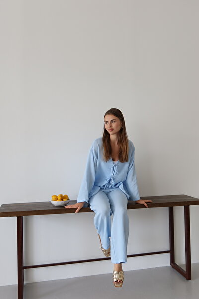 Patreon Kimono de damă 100% bumbac muselină cu șireturi Baby Blue