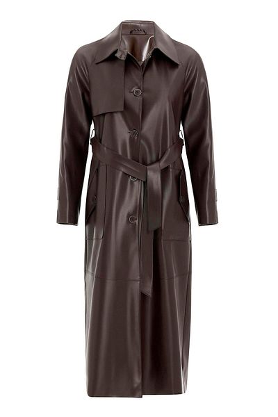 Olcay Shirt Collar Raglan Sleeve Cape and Bag Pocket Detail Leather Trench Coat K. Brown 6760