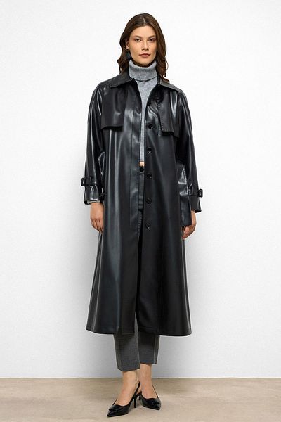 Olcay Raglan Sleeve Cape and Punto Stitch Detail Leather Trench Coat Black 6754