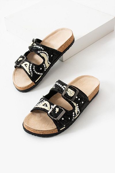 Eataly Shoes Colorful Stone Bead Embroidered Leather Double Strap Slippers