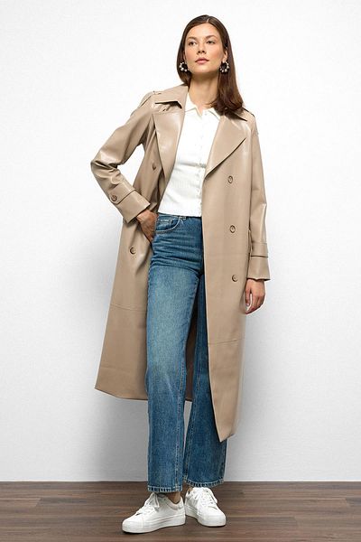 Olcay Epaulet Detailed Double Breasted Leather Trench Coat Stone 6756