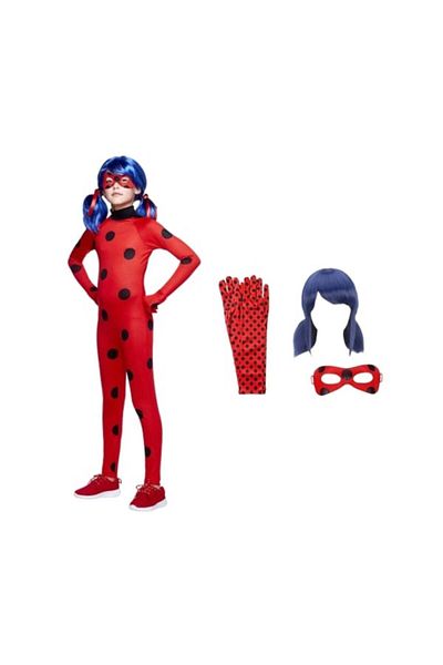 Depox Set costum Miraculous Ladybug pentru copii - salopetă roșie, cu mască, perucă și mănuși, mărimea 100–110 cm