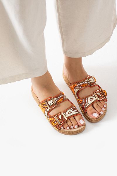 Eataly Shoes Colorful Stone Bead Embroidered Leather Double Strap Slippers