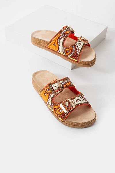 Eataly Shoes Colorful Stone Bead Embroidered Leather Double Strap Slippers