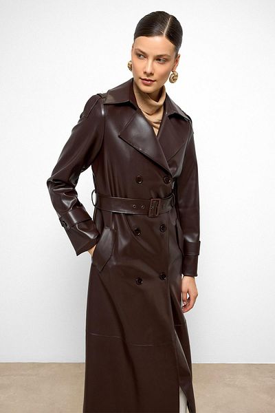 Olcay Epaulet Detailed Double Breasted Leather Trench Coat K. Brown 6756