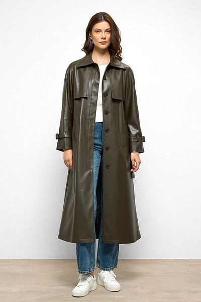 Olcay Raglan Sleeve Cape and Punto Stitch Detail Leather Trench Coat Khaki 6754
