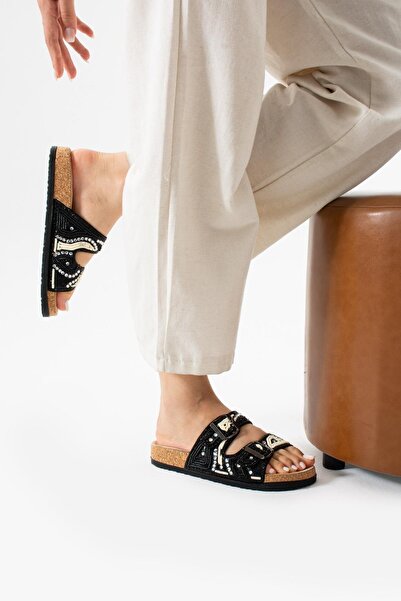 Eataly Shoes Colorful Stone Bead Embroidered Leather Double Strap Slippers