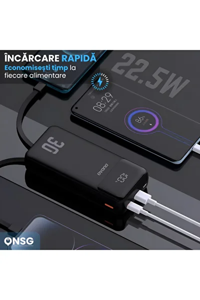 DUDAO Power Bank 30000mAh 22.5W Fast Charging, Built-in USB-C Lightning Cables, 5 Outputs, Black
