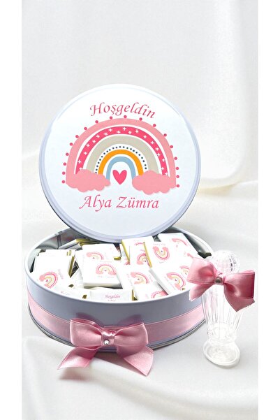 Popy Gift Chocolate 100 Adet Pembe Gökkuşağı Temalı İsme Özel Hoşgeldin Kız B...