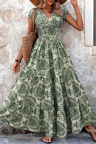 Ottawe Regular Fit Kruvaze V Yaka Kısa Kol Otantik Desen Beli Lastik Büzgülü ...