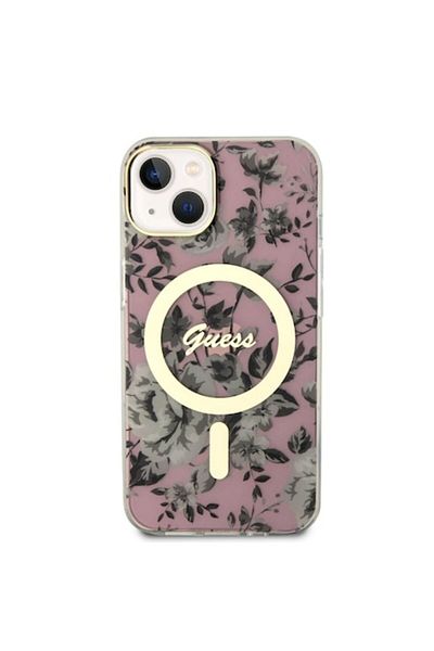 Guess Flowers IML MagSafe Compatible Protective Case for iPhone 14, Pink