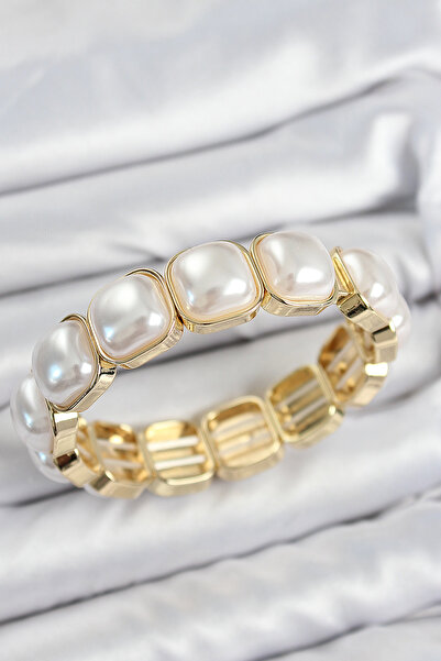 Twin Store Brass Square Pearl Model Gold Color Elastic Women's Bracelet