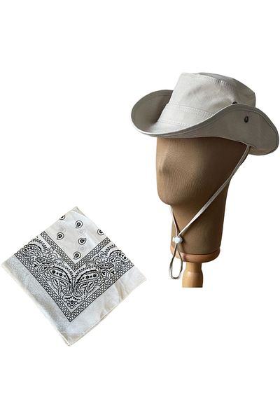 Rupen Kraft Summer Foldable Safari Fedora Cowboy Hat with Cotton Bandana Combination
