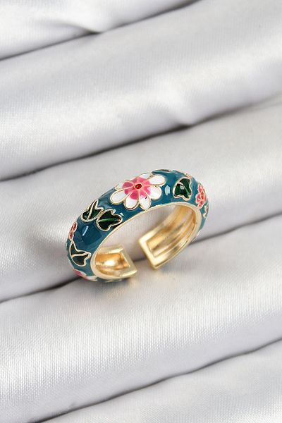 BESKAR Brass Green Enamel Flower Motif Gold Color Adjustable Women's Ring