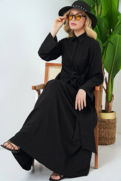 Ottawe Relaxed Fit Rahat Gömlek yaka Uzun Kol Düğme Kapama Kuşak Detay Maksi Boy Günlük Keten Elbise