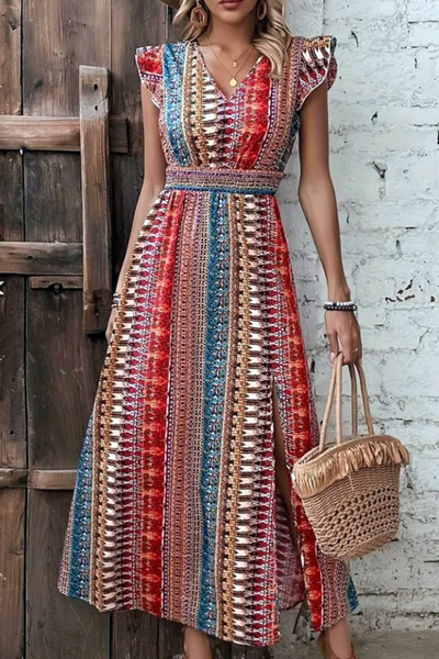 Ottawe Regular Fit V Yaka Mendil Kol Baskılı Yırtmaçlı Beli Lastik Büzgülü Gü...