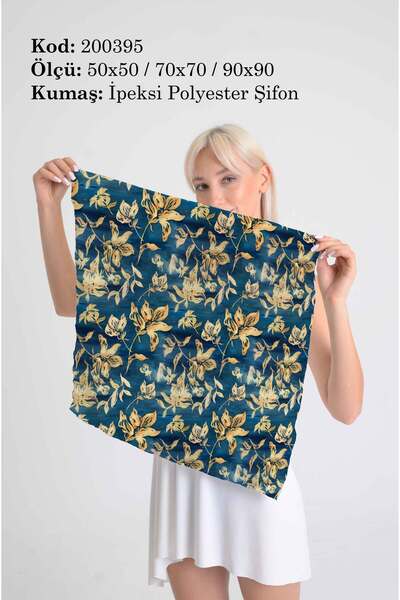 DESENİX وشاح منقوش بالزهور الذهبية |   خلفية زرقاء زيتية عميقة |   50x50 - 70x70 - 90x90 سم |   قماش شيفون حريري