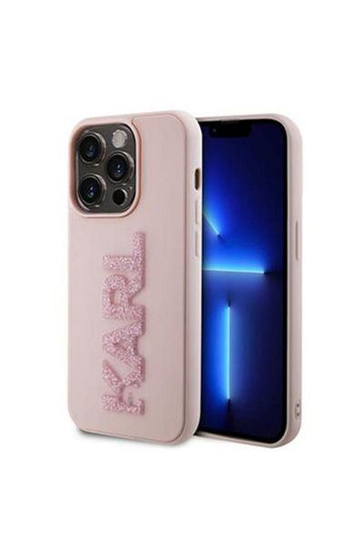 Karl Lagerfeld 3D Rubber Glitter Logo Case for iPhone 15 Pro, Pink