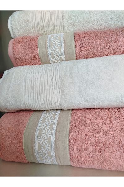 Nurpak Tuana Linen Guipure 4 Piece Boxed Bathroom Set 2 Pieces 90X150 cm 2 Pieces 50X90 cm
