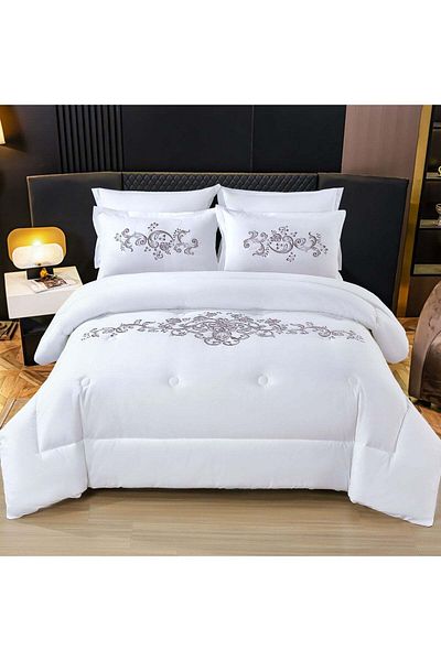 Comfy King Size Royalty Collection Floral Embroidered White Cotton 6Pc Comforter Set