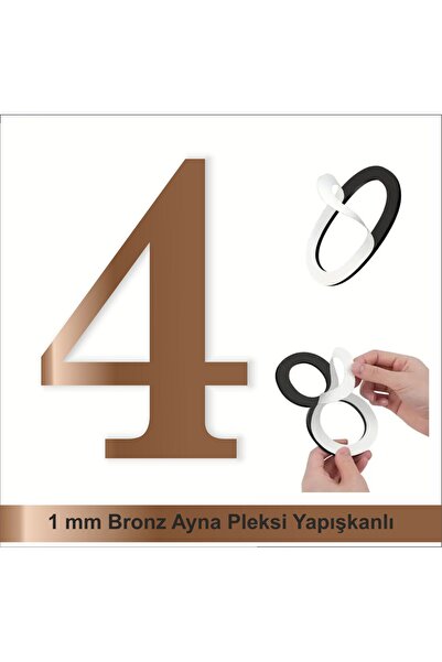 zafrakreklam Kapı Daire Numarası 1 mm Bronz Ayna Pleksi Yapışkanlı No - 4 DÖRT