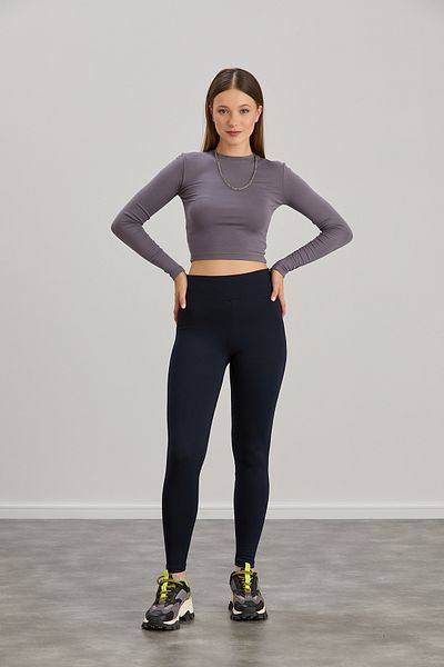 Alos Women's Navy Blue Steel Knitted Leggings High Waist Gathering Corset Interlock Does Not Show Underwear