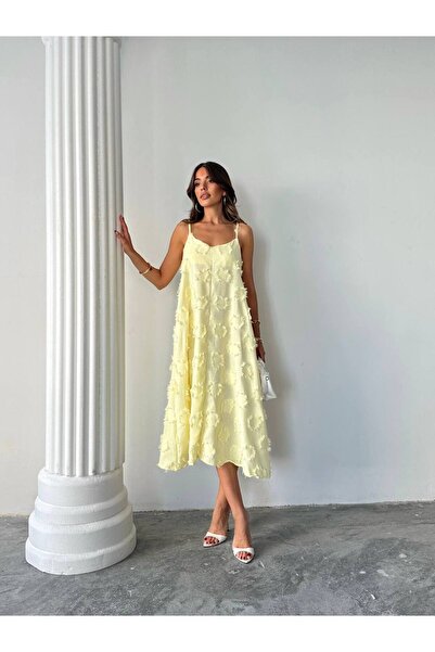 Swass Püskül Detaylı Midi Elbise Sarı