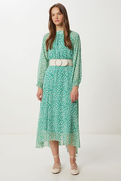 Lovelyİstanbul Rochie din șifon cu volan cu model de centură LFG0070 GREEN BONE
