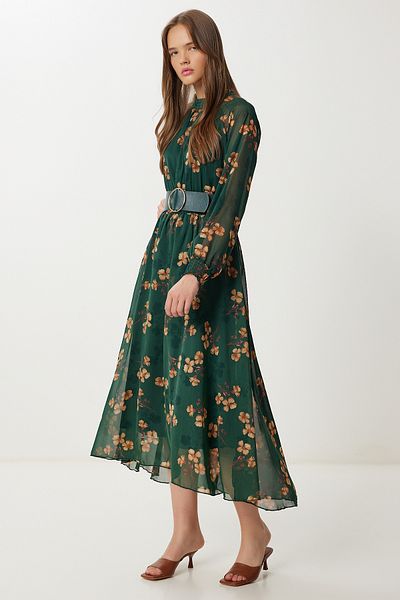 Lovelyİstanbul Rochie din șifon cu volan cu model de centură LFG0050 VERDE SMARALD