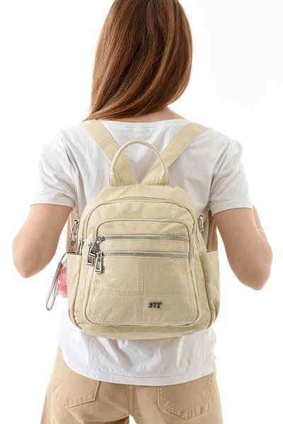 571 Collections Çanta Three-Function Faux Leather Backpack, Shoulder, and Hand Bag Beige (Model: 571-13-17C)