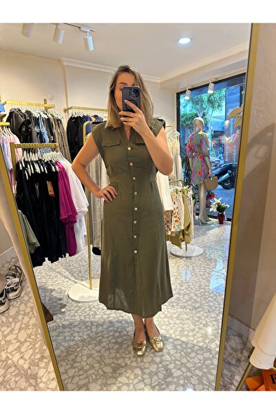 MU&ME BOUTİQUE ELBİSE UZUN KETEN ÖNDEN DÜĞMELİ VE KEMERLİ - HAKİ