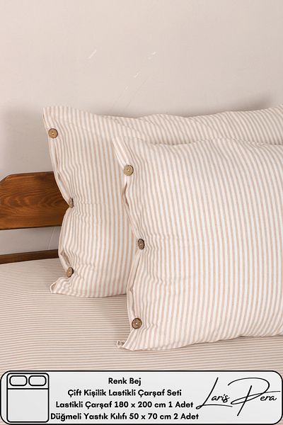 Larispera Double Fitted Sheet Set Cotton Yarn Dyed 180X200Cm Buttoned Pillowcase (50X70Cm2Pcs)