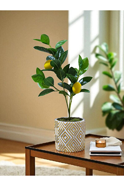 Realistic Artificial Lemon Tree with Gold Pattern in Concrete Pot 50CM