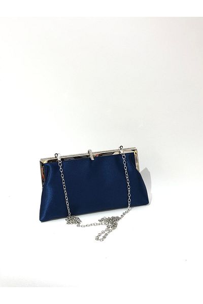 womenacs Navy Blue Color Satin Fabric Stone Evening Dress Clutch Portfolio Chain Strap Hand Wedding Engagement Henna Evening Bag