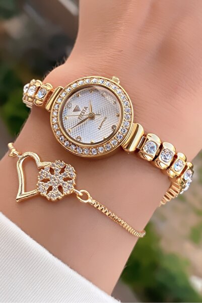 Fiesta Gold Color Stone Detailed Small Case Women's Wristwatch and Heart Bracelet Stylish Set with Gift