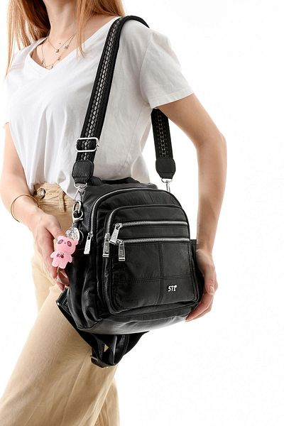 571 Collections Çanta Three Function Faux Leather Backpack, Shoulder, and Hand Bag Black (Model: 571-13-17C)