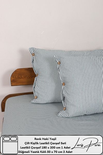 Larispera Double Fitted Sheet Set Cotton Yarn Dyed 180X200Cm Buttoned Pillowcase (50X70Cm2Pcs)