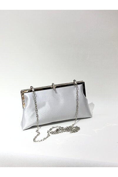 womenacs Silver Color Satin Fabric Stylish Stone Evening Dress Clutch Portfolio Chain Strap Hand Wedding Engagement Henna Evening Bag
