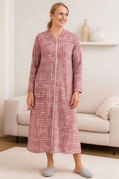 Nena Uzun Kollu Kaz Ayağı Desenli %100 pamuk Ev Elbisesi