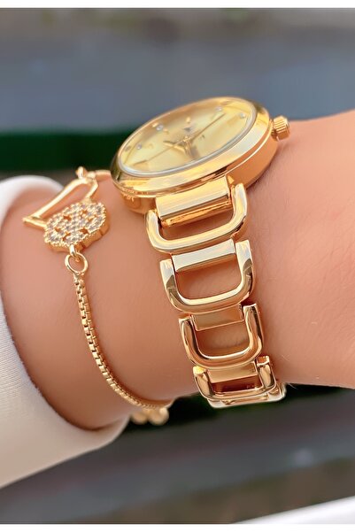 Fiesta Women's Wristwatch and Heart Stone Detailed Bracelet Set - Golden Yellow Stylish Combination