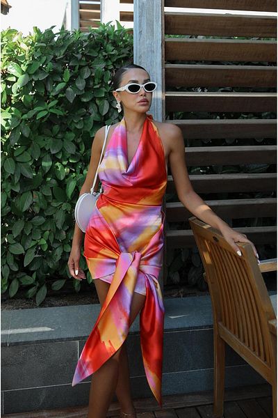 Havoş Multicolored Patterned Dress with Tie Detail