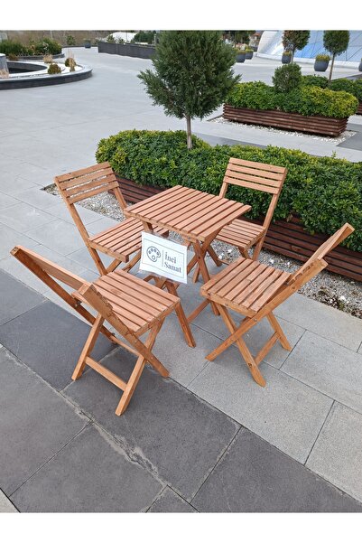 İNCİ TUVAL Ahşap Balkon Bahçe Mutfak Katlanır Masa Sandalye Takımı 5 li Bistr...