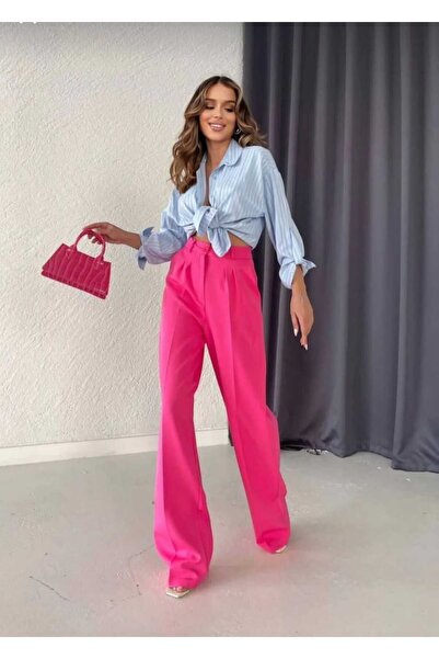 LAVA FASHION Pantaloni Palazzo cu talie înaltă din țesătură plisată de damă